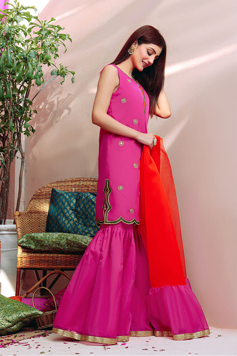 SANA'S red embroidered gharara suit Pakistan occasion wear