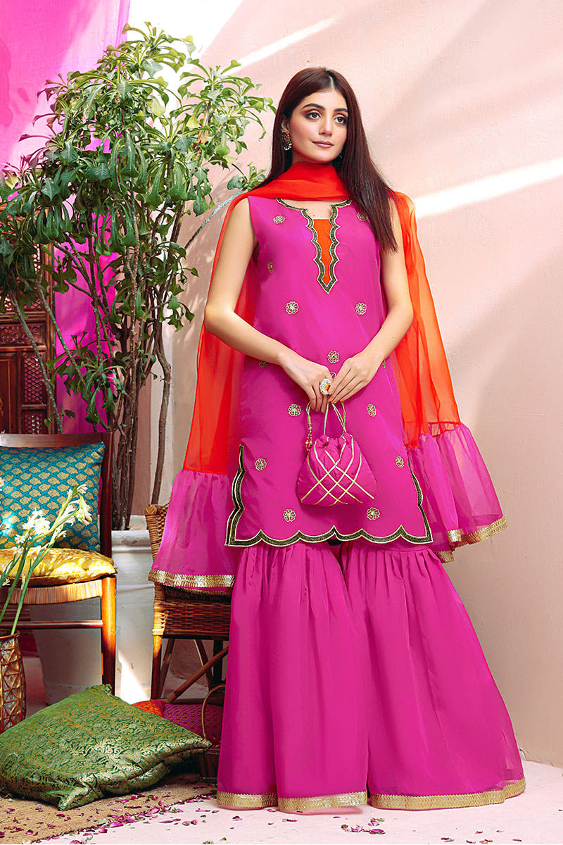 SANA'S red embroidered gharara suit Pakistan occasion wear