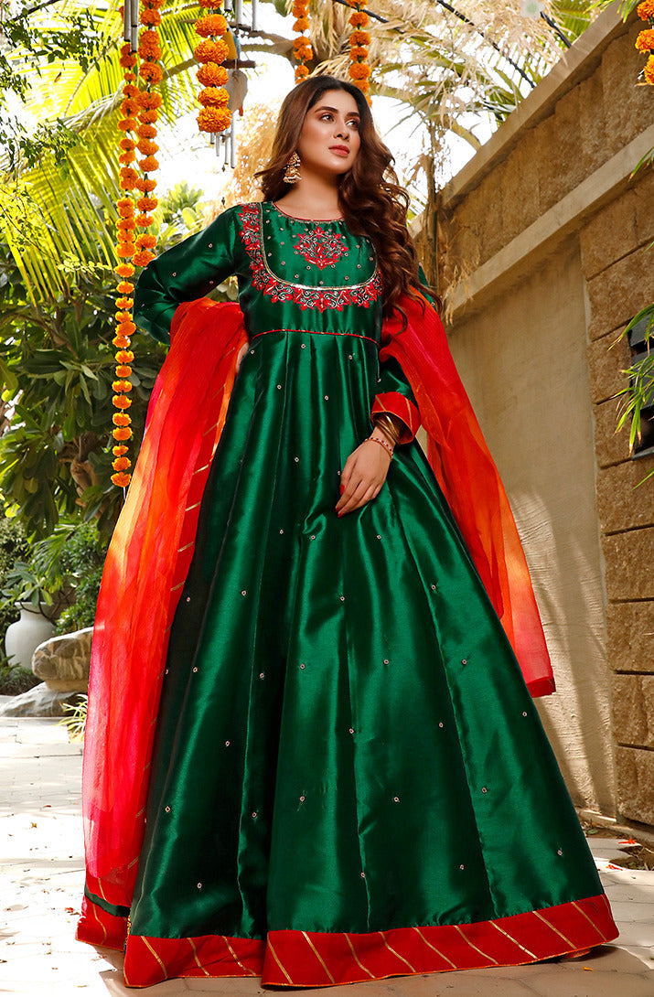 Handwork Embroidered Raw Silk Long Maxi | WC1920 | M123024
