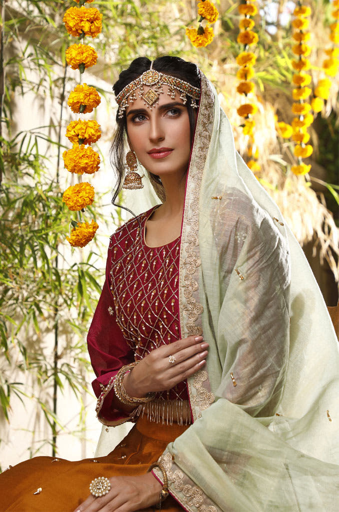SANA'S red embroidered raw silk lehenga Pakistan wedding wear