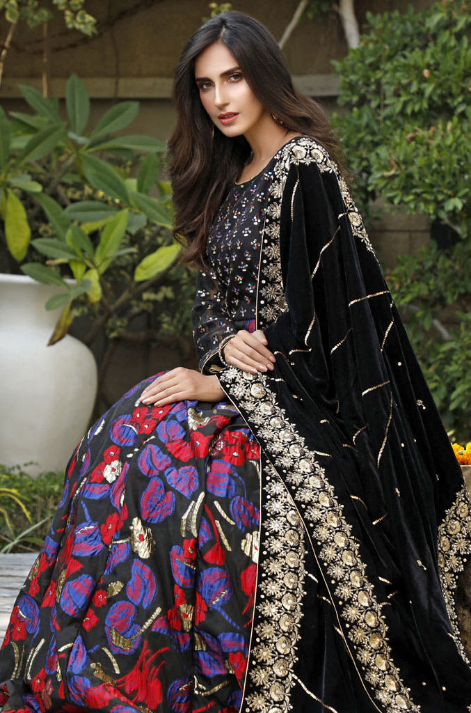SANA'S red embroidered velvet maxi dress Pakistan occasion wear