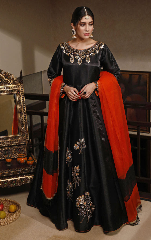 SANA'S red embroidered raw silk maxi dress Pakistan wedding wear