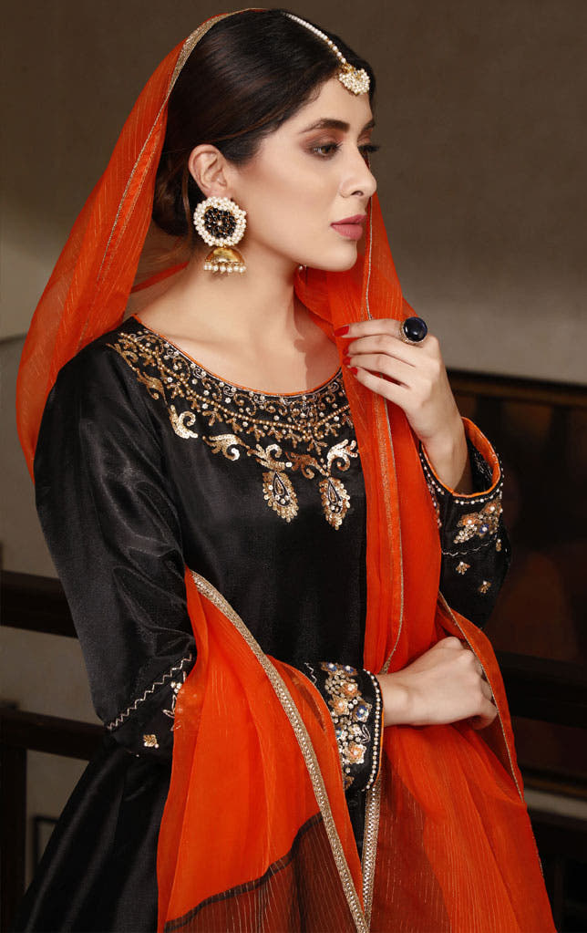 SANA'S red embroidered raw silk maxi dress Pakistan wedding wear