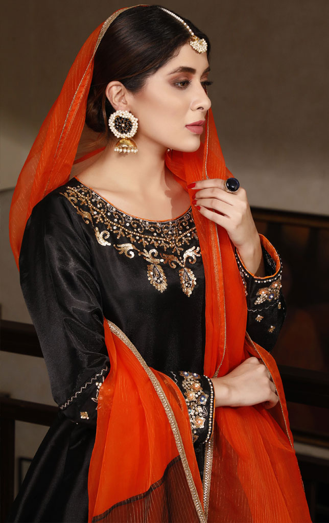 SANA'S red embroidered raw silk maxi dress Pakistan wedding wear