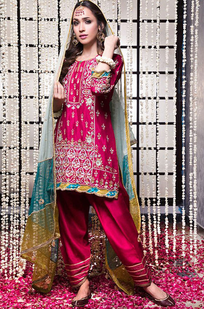 SANA'S red embroidered raw silk suit Pakistan occasion wear