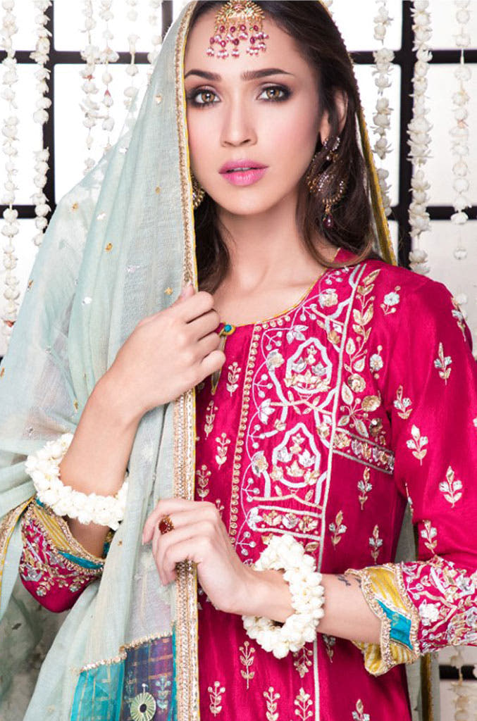 SANA'S red embroidered raw silk suit Pakistan occasion wear