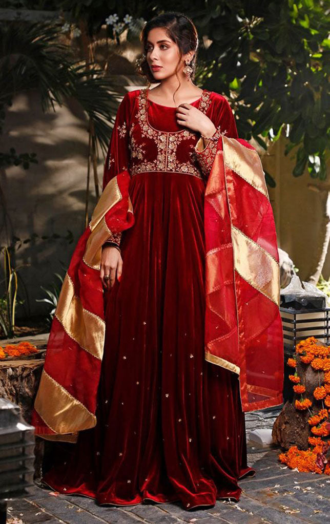 Handwork Embroidered Velvet Wedding Long Maxi | WC1920 | M201982