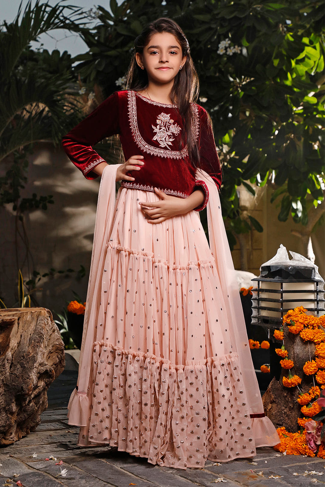 SANA'S red embroidered velvet lehenga Pakistan occasion wear