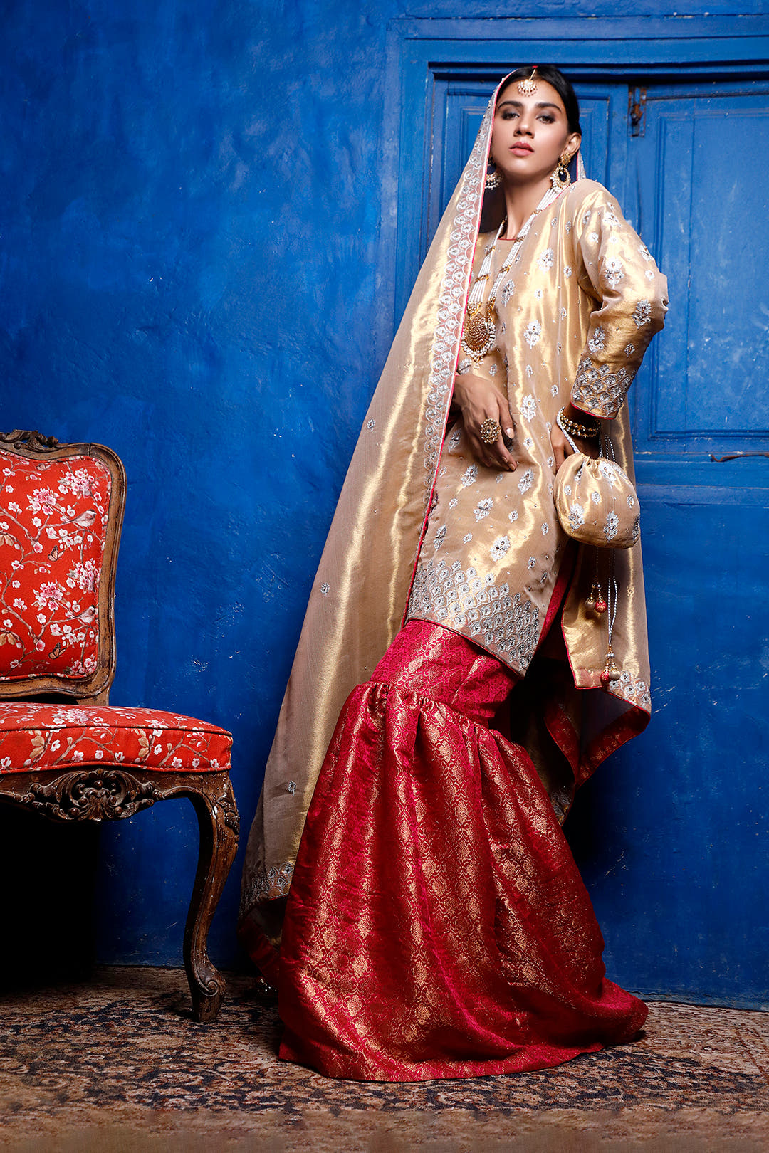SANA'S red embroidered brocade gharara suit Pakistan occasion wear
