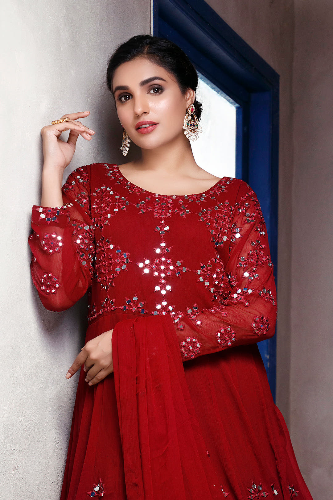 SANA'S red embroidered net maxi dress Pakistan occasion wear