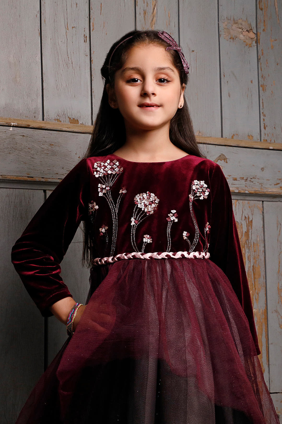SANA'S red embroidered velvet frock Pakistan occasion wear