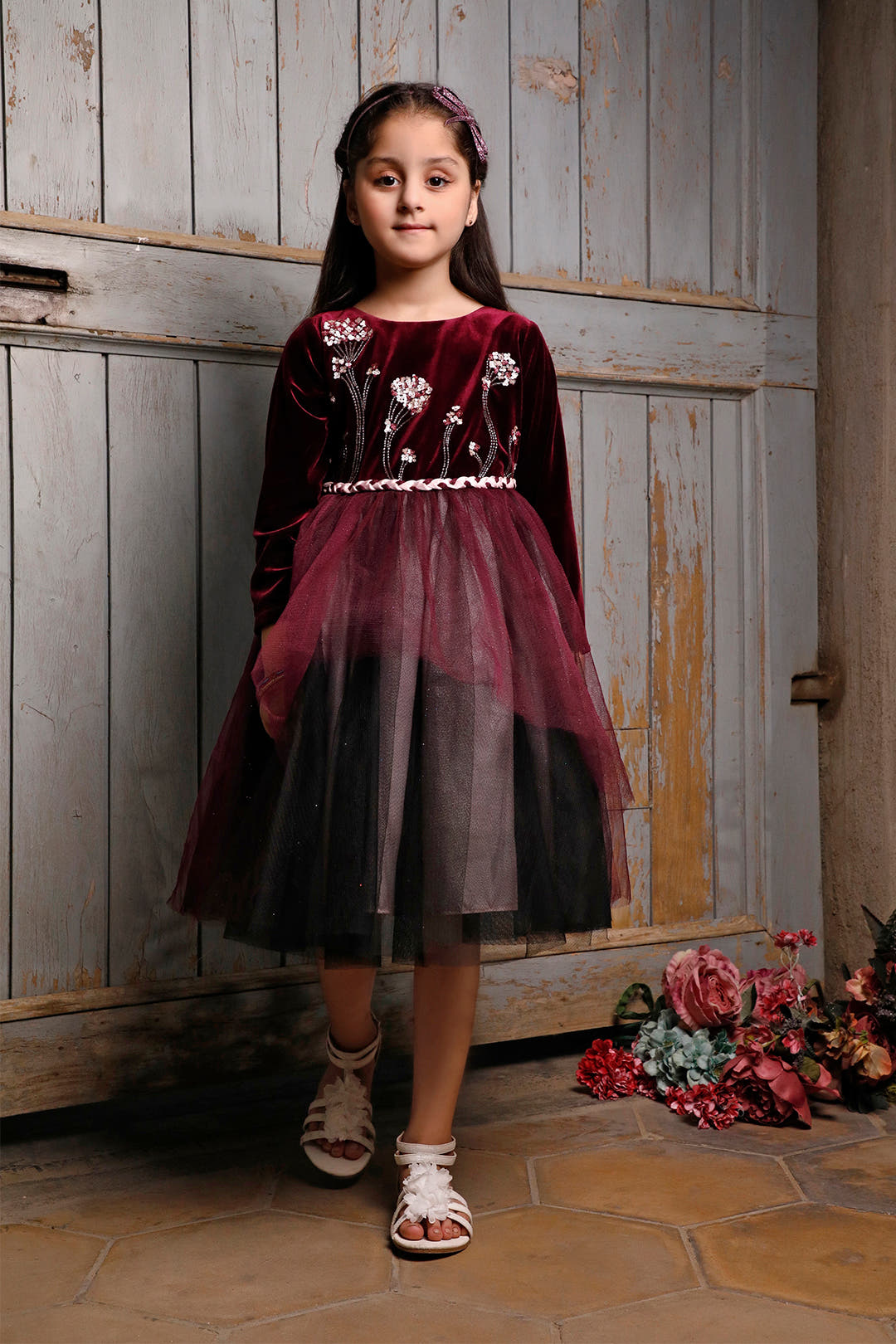 SANA'S red embroidered velvet frock Pakistan occasion wear
