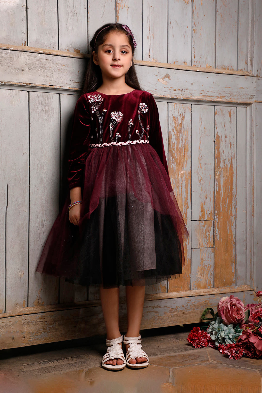 SANA'S red embroidered velvet frock Pakistan occasion wear