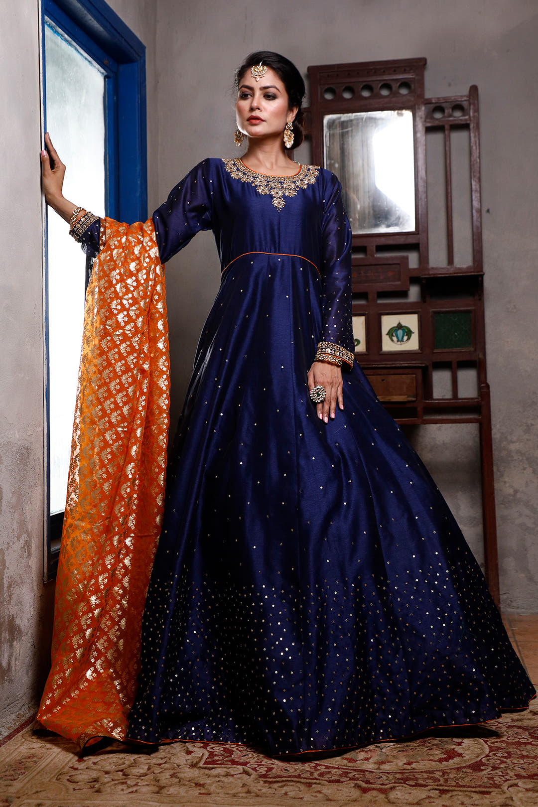 SANA'S red embroidered raw silk maxi dress Pakistan occasion wear