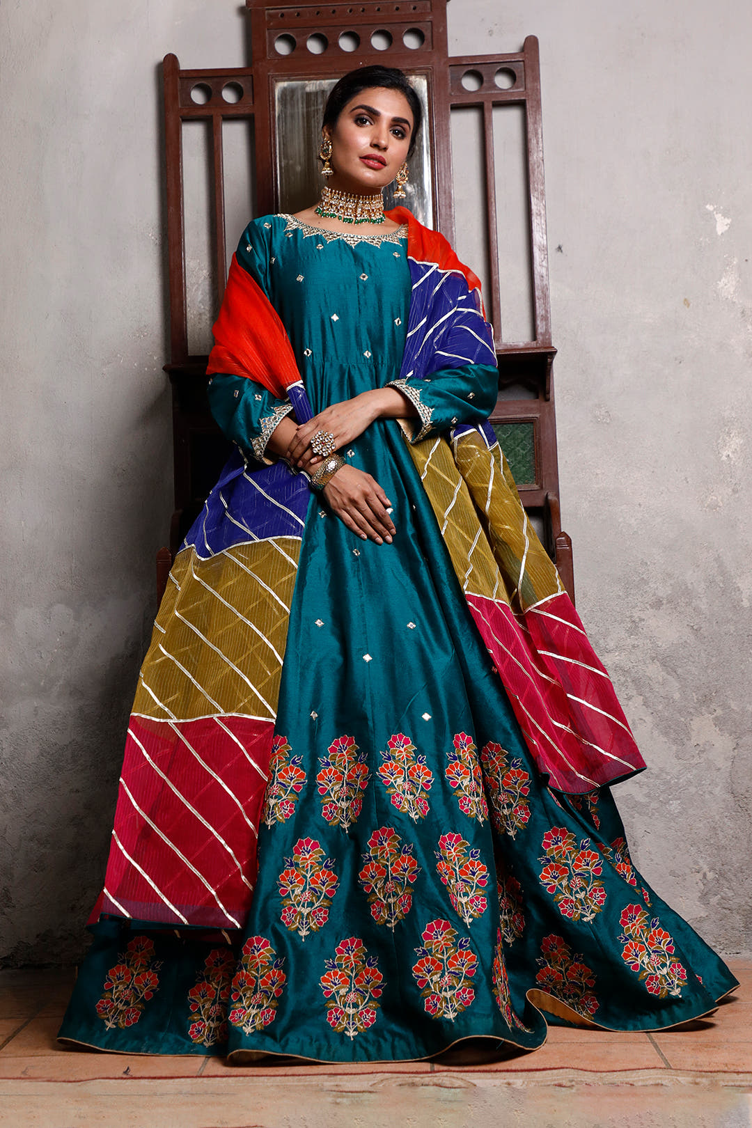 SANA'S red embroidered raw silk maxi dress Pakistan occasion wear