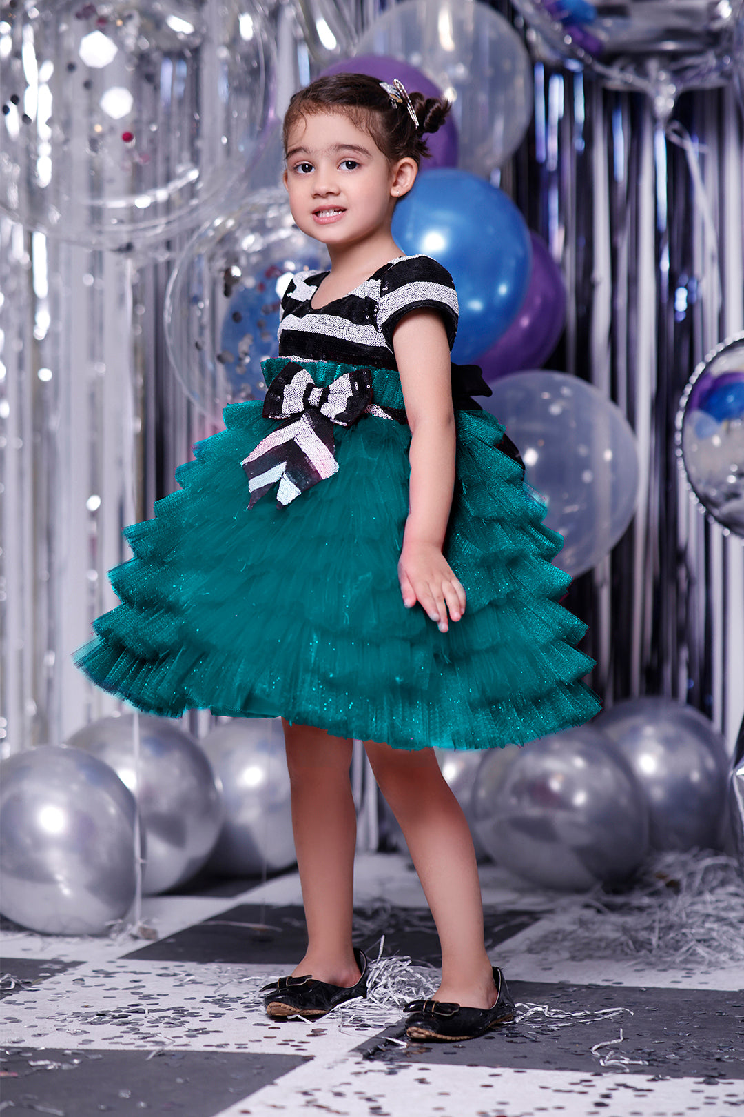 Striped Sequins Multi Layers Ruffled Net Frock | BIRTHDAY BASH | F2108