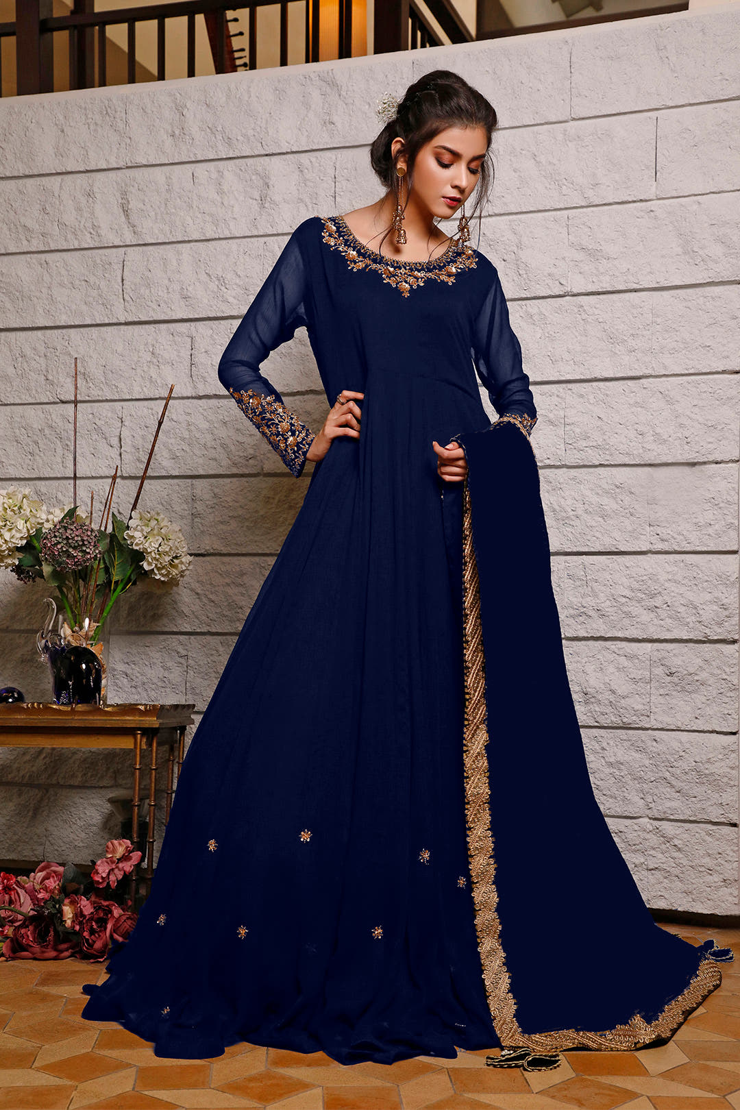 SANA'S red embroidered chiffon maxi dress Pakistan occasion wear