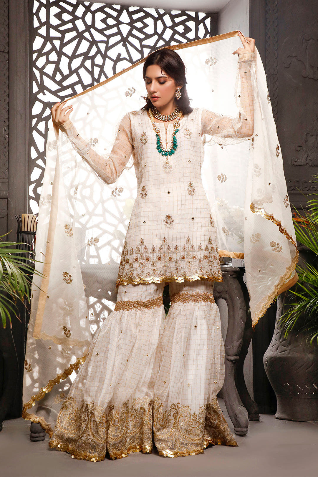 SANA'S red embroidered organza gharara suit Pakistan occasion wear