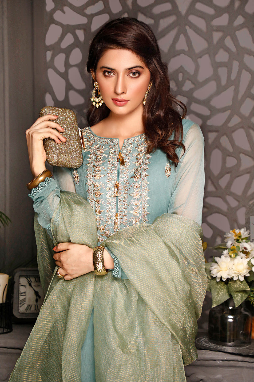 SANA'S red embroidered chiffon suit Pakistan occasion wear