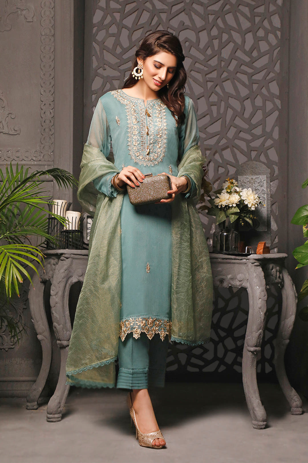 SANA'S red embroidered chiffon suit Pakistan occasion wear