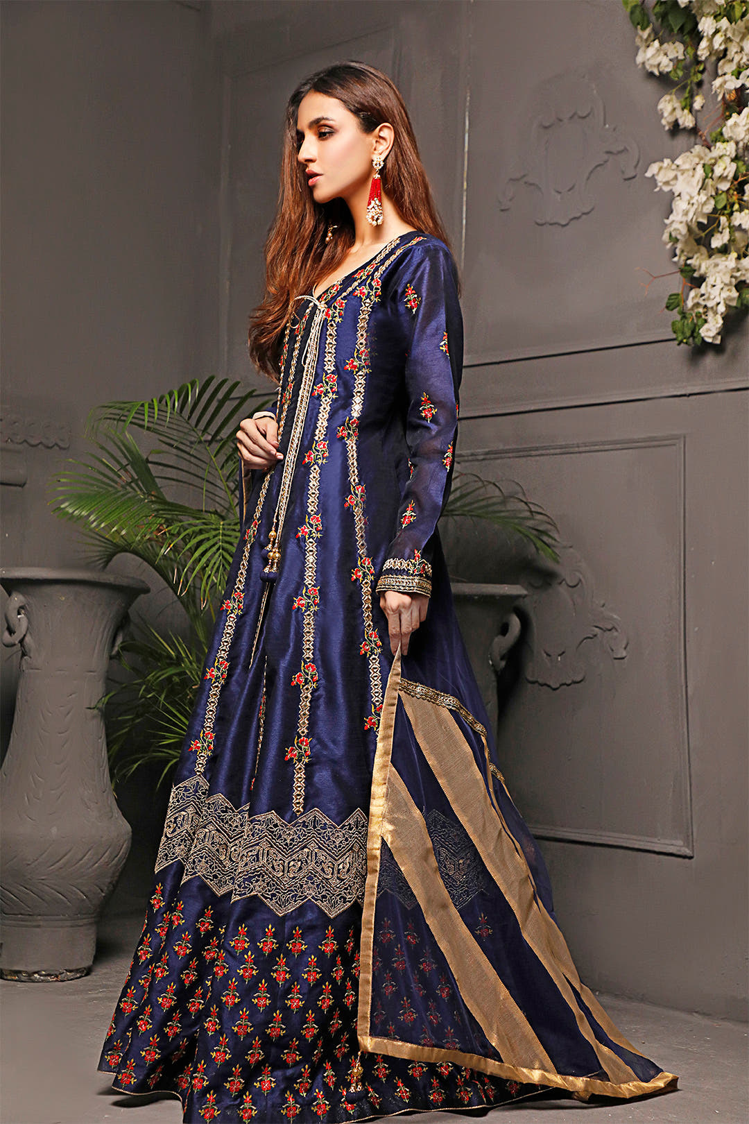 SANA'S red embroidered raw silk maxi dress Pakistan occasion wear