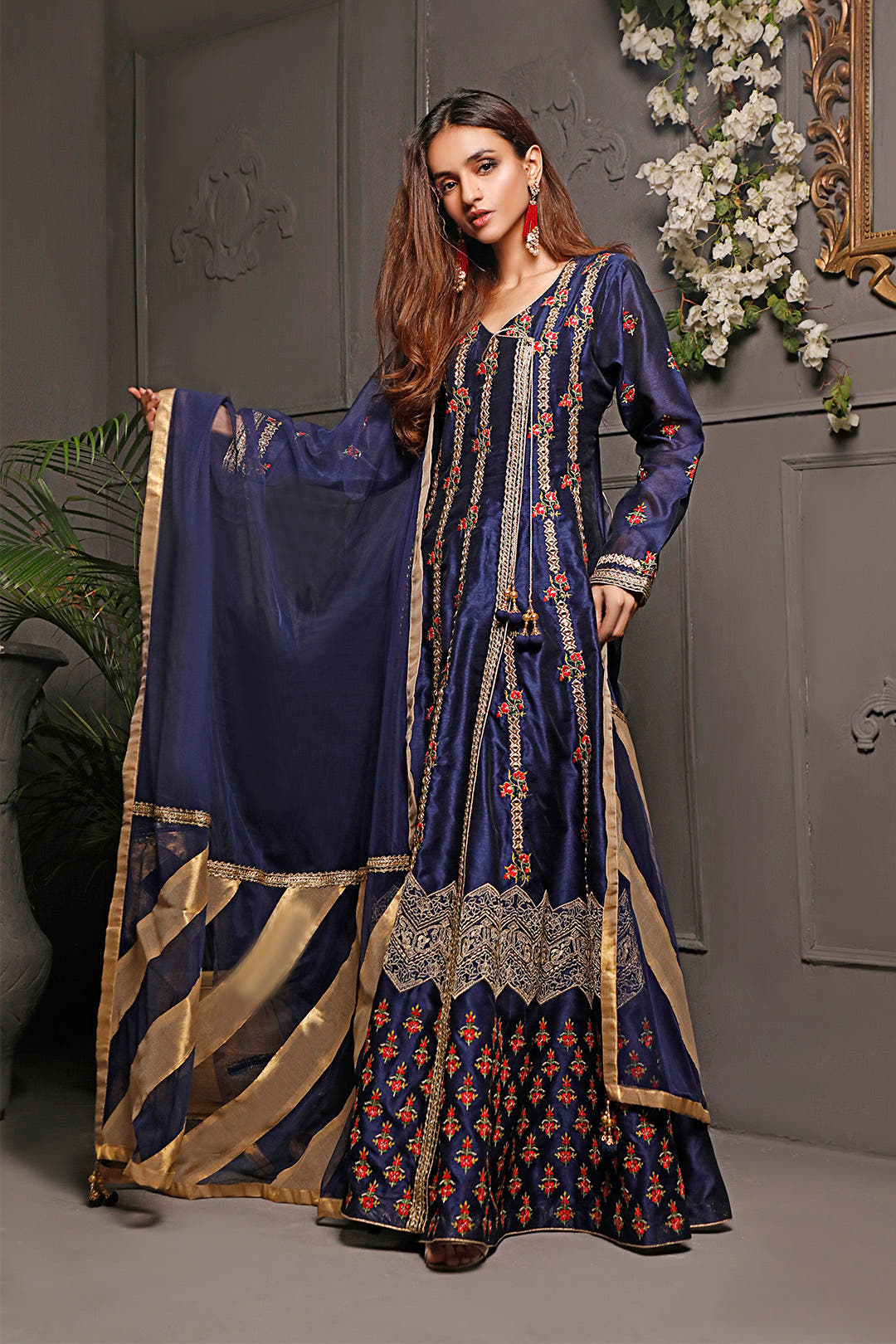 SANA'S red embroidered raw silk maxi dress Pakistan occasion wear