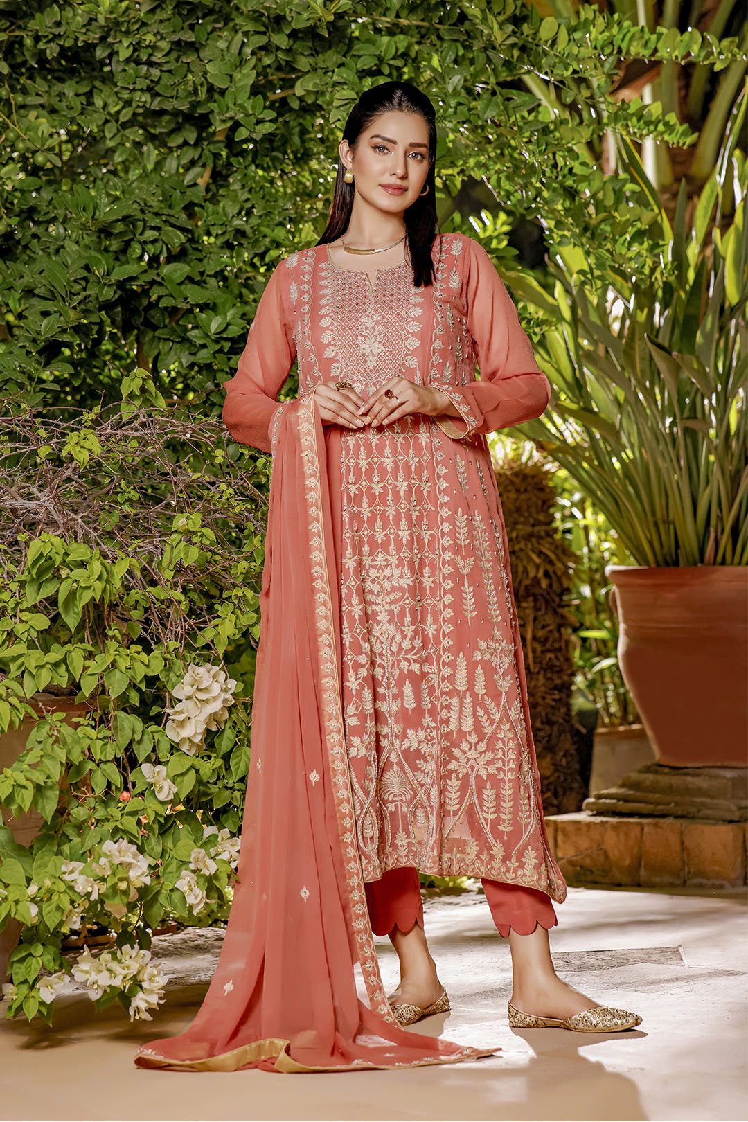 SANA'S red embroidered chiffon suit Pakistan Eid
