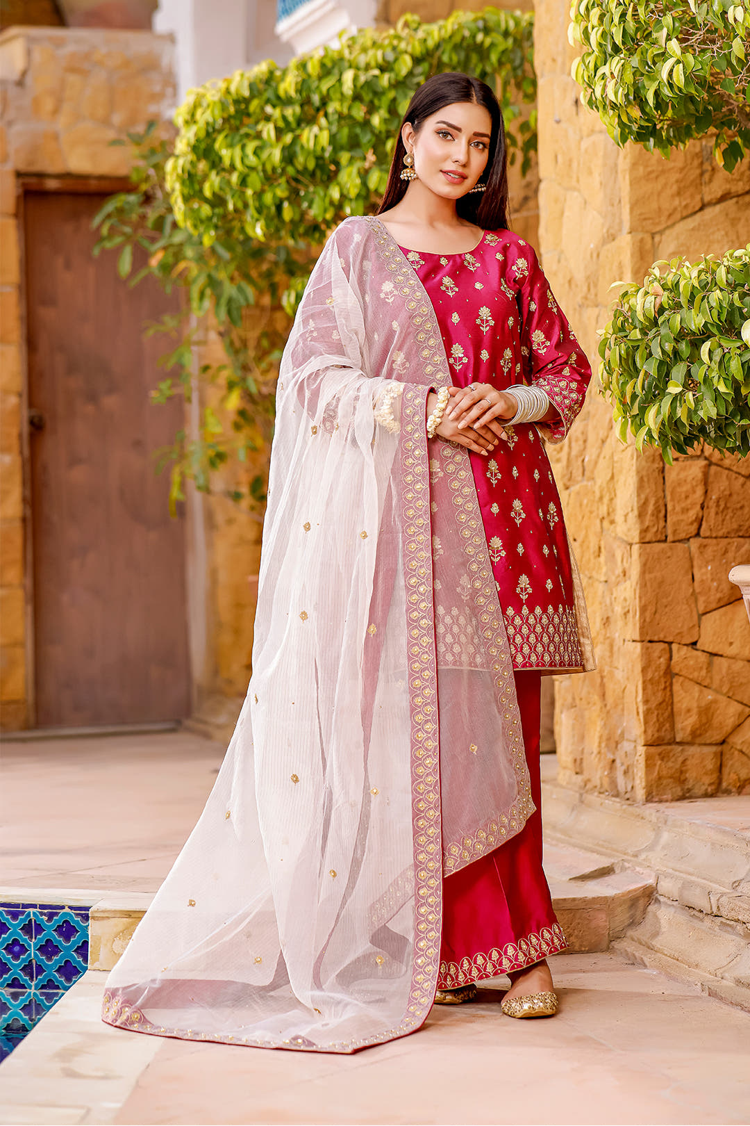 SANA'S red embroidered raw silk suit Pakistan occasion wear