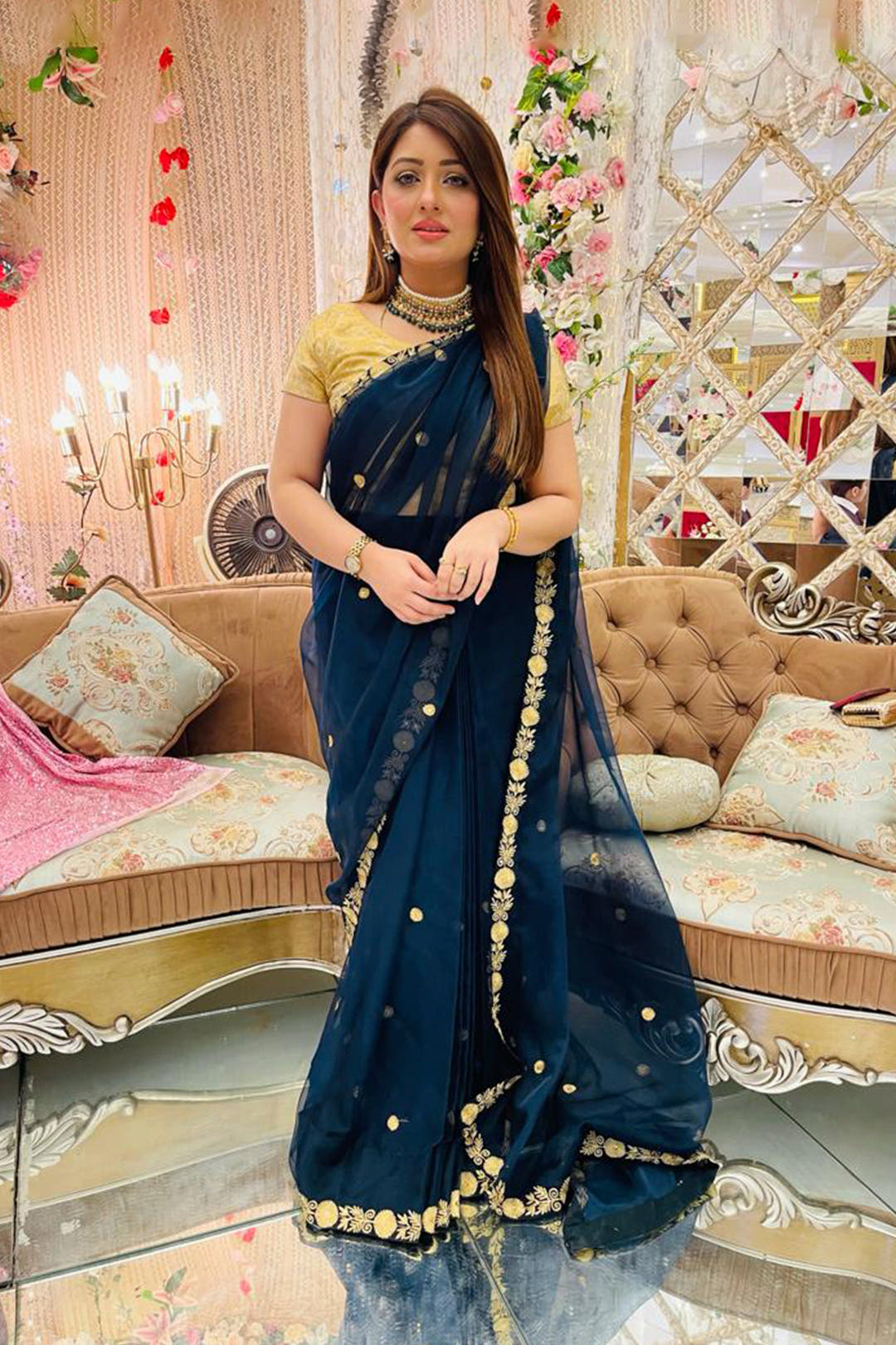 SANA'S red embroidered organza saree Pakistan occasion wear