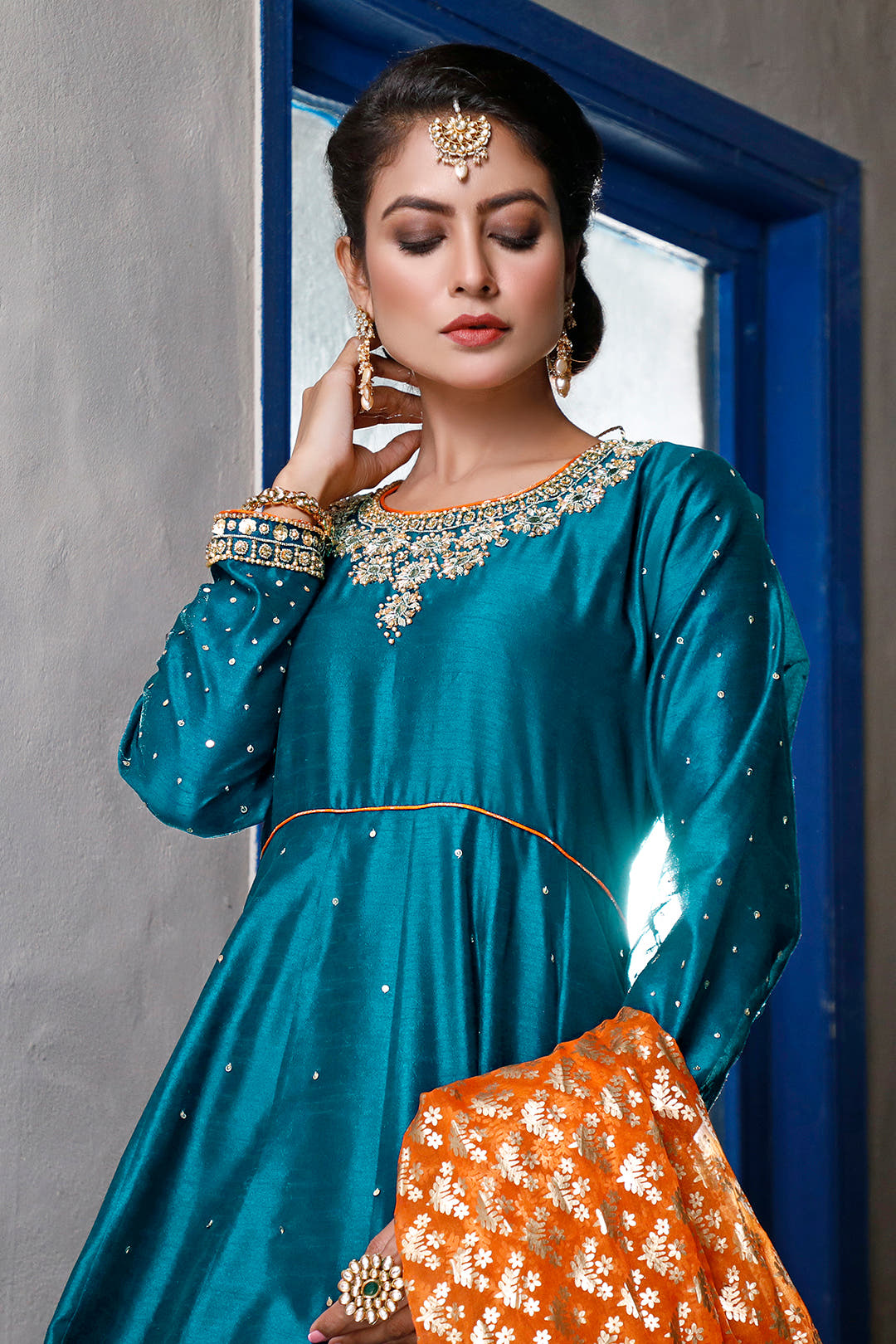 SANA'S red embroidered raw silk maxi dress Pakistan occasion wear