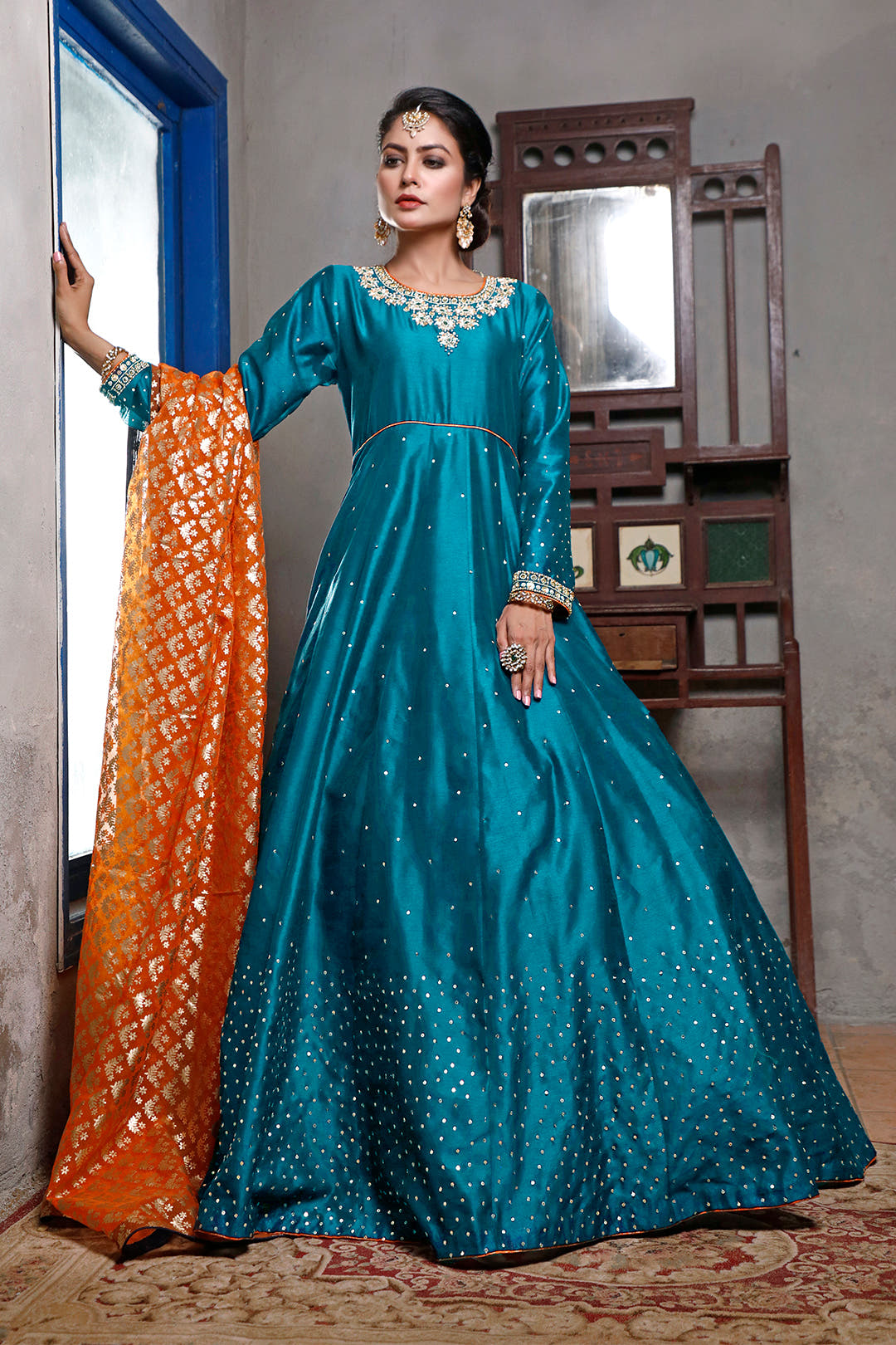SANA'S red embroidered raw silk maxi dress Pakistan occasion wear