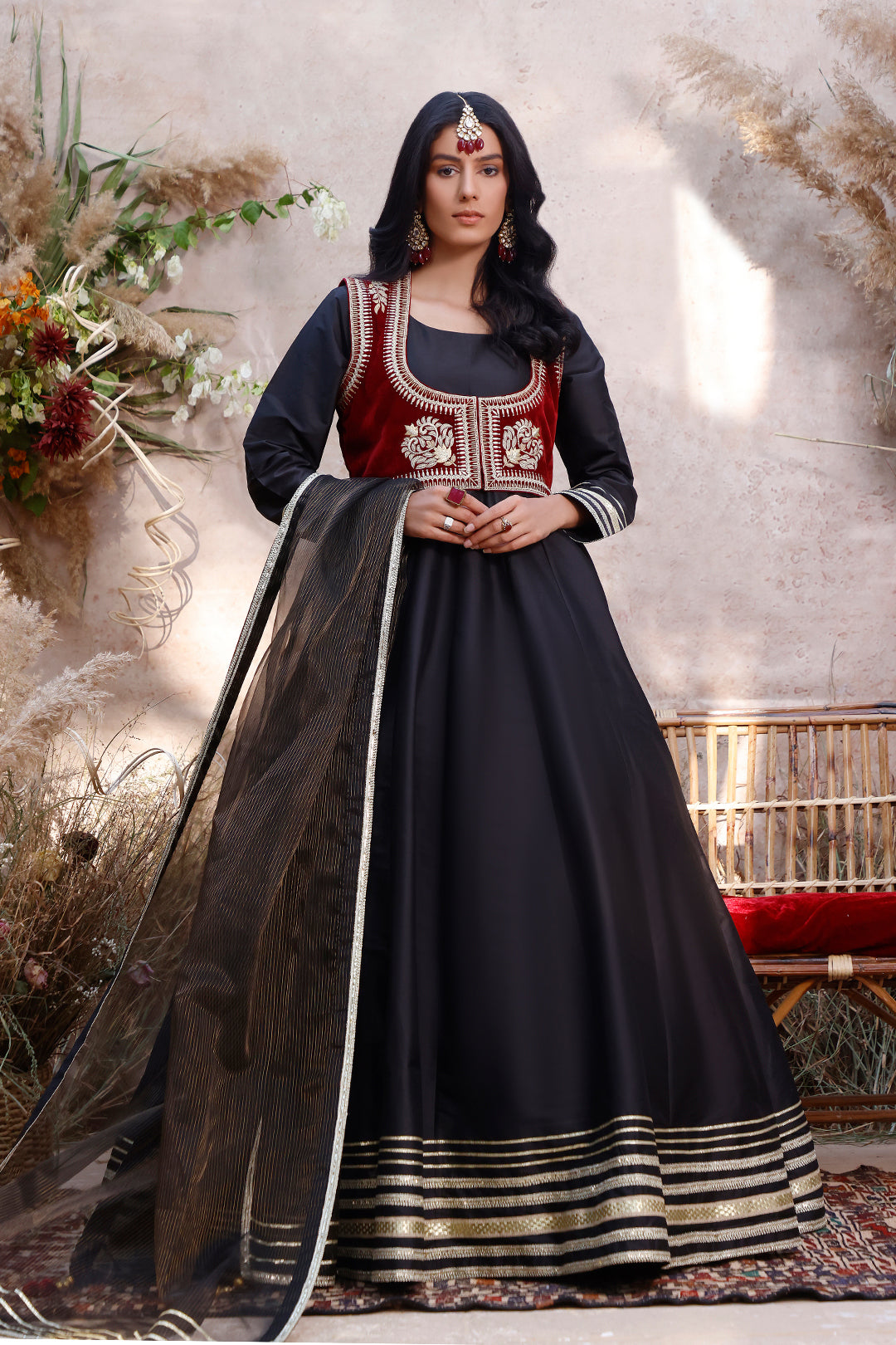 Zari Embroidered Lychee Silk Long Maxi | MEHRU | M202168