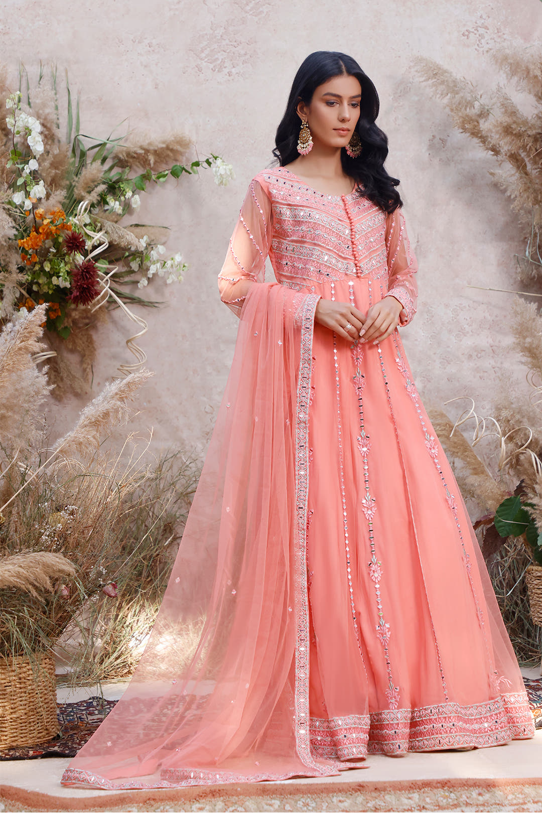 SANA'S red embroidered net maxi dress Pakistan occasion wear