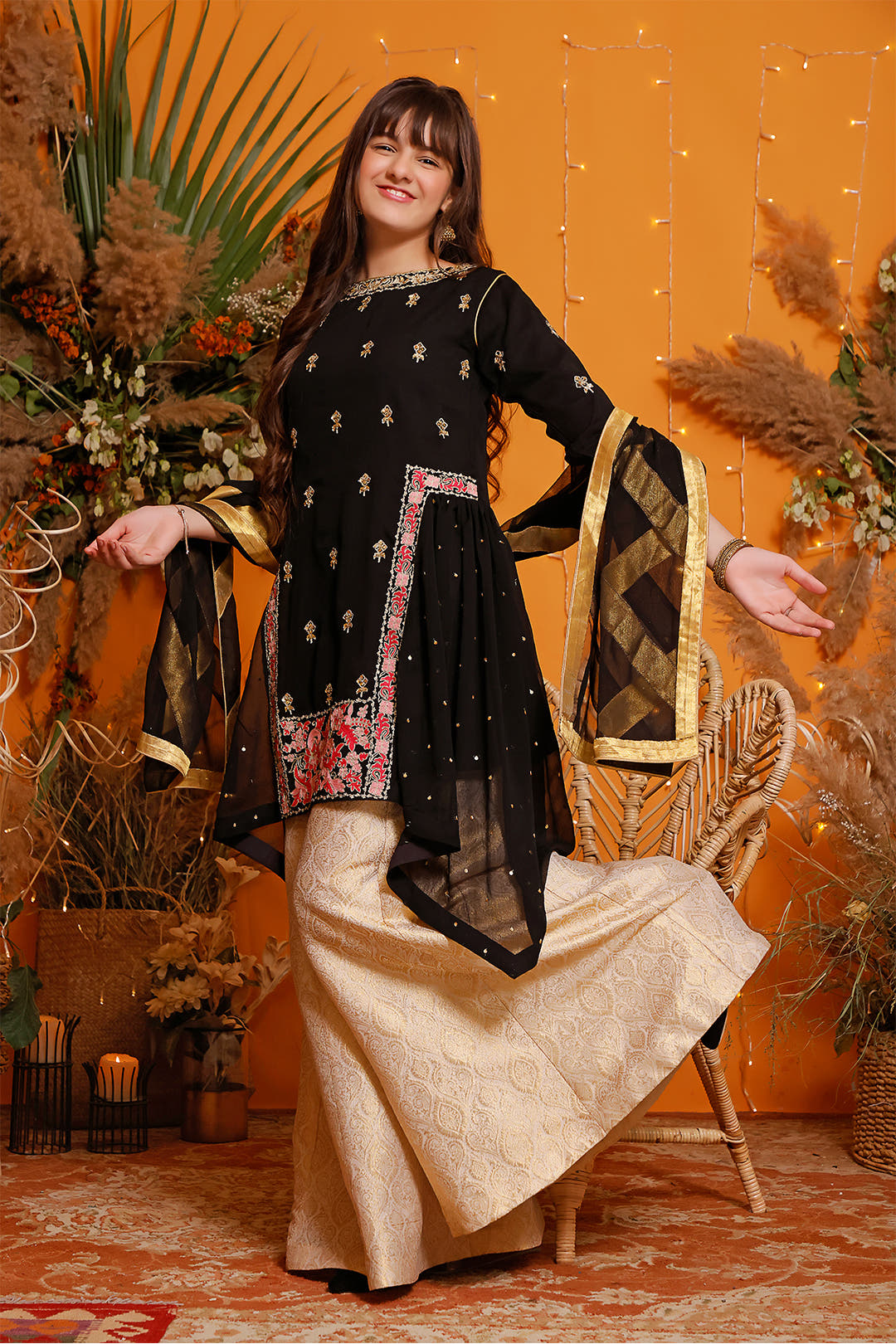 SANA'S red embroidered chiffon plazo suit Pakistan occasion wear