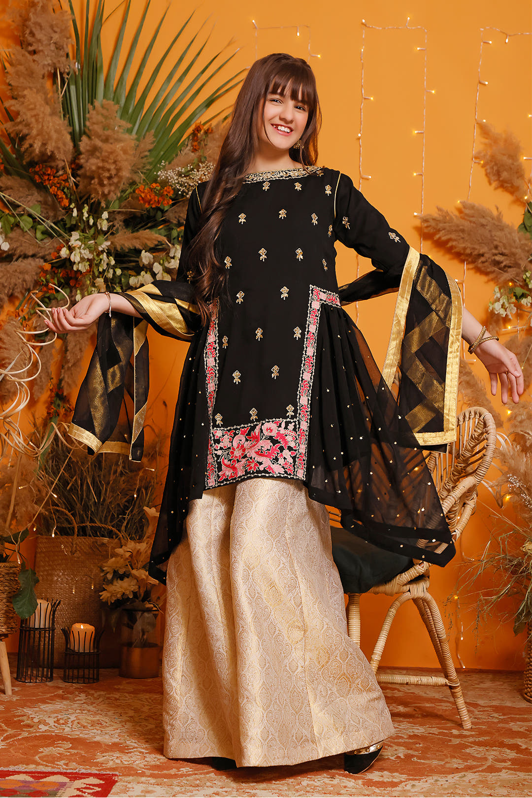 SANA'S red embroidered chiffon plazo suit Pakistan occasion wear