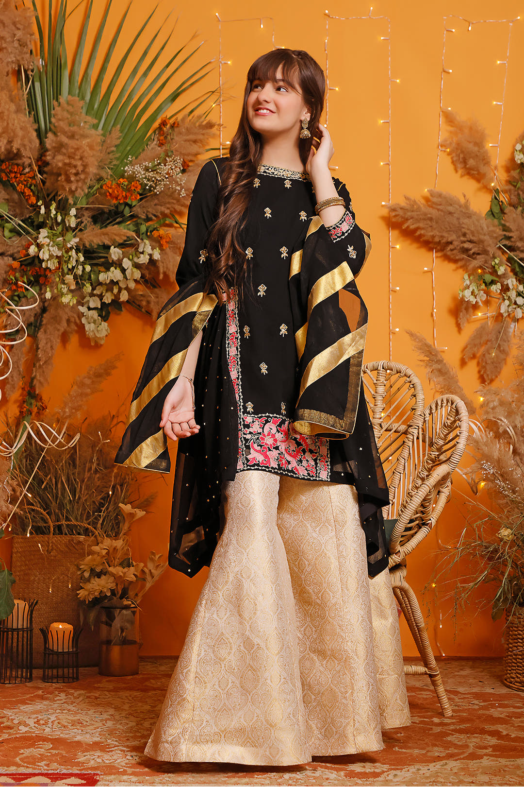SANA'S red embroidered chiffon plazo suit Pakistan occasion wear