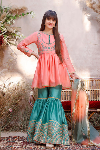 Embroidered Raw Silk Peplum Style Gharara Suit | MEHRU | G3040