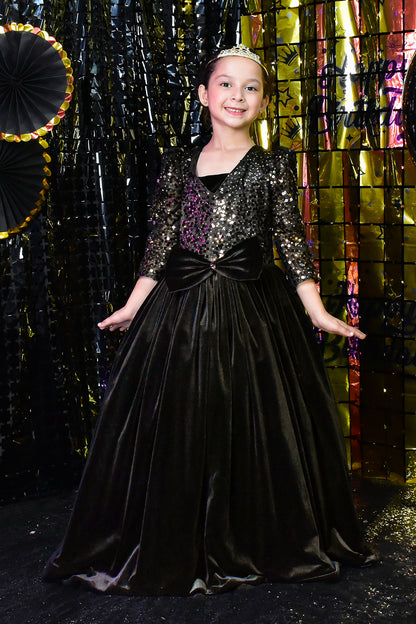 Sequins Body Velvet Long Girls Gown | BIRTHDAY BASH | WM3133