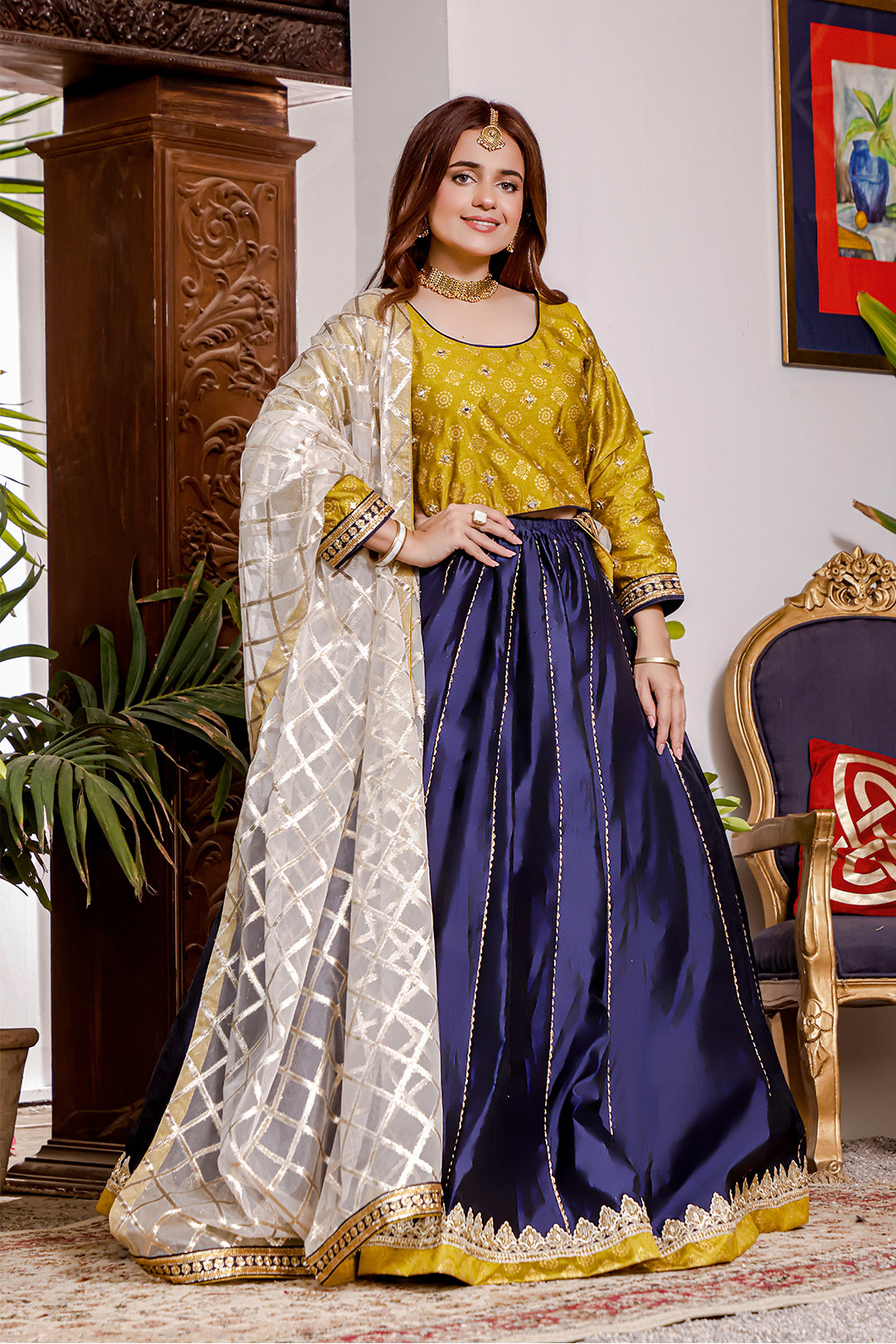 Printed Raw Silk Mirror Work Lehenga Choli | KAIRA | L202044sss