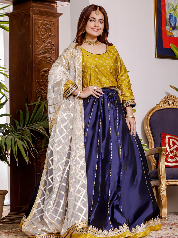 Printed Raw Silk Mirror Work Lehenga Choli KAIRA L202044sss