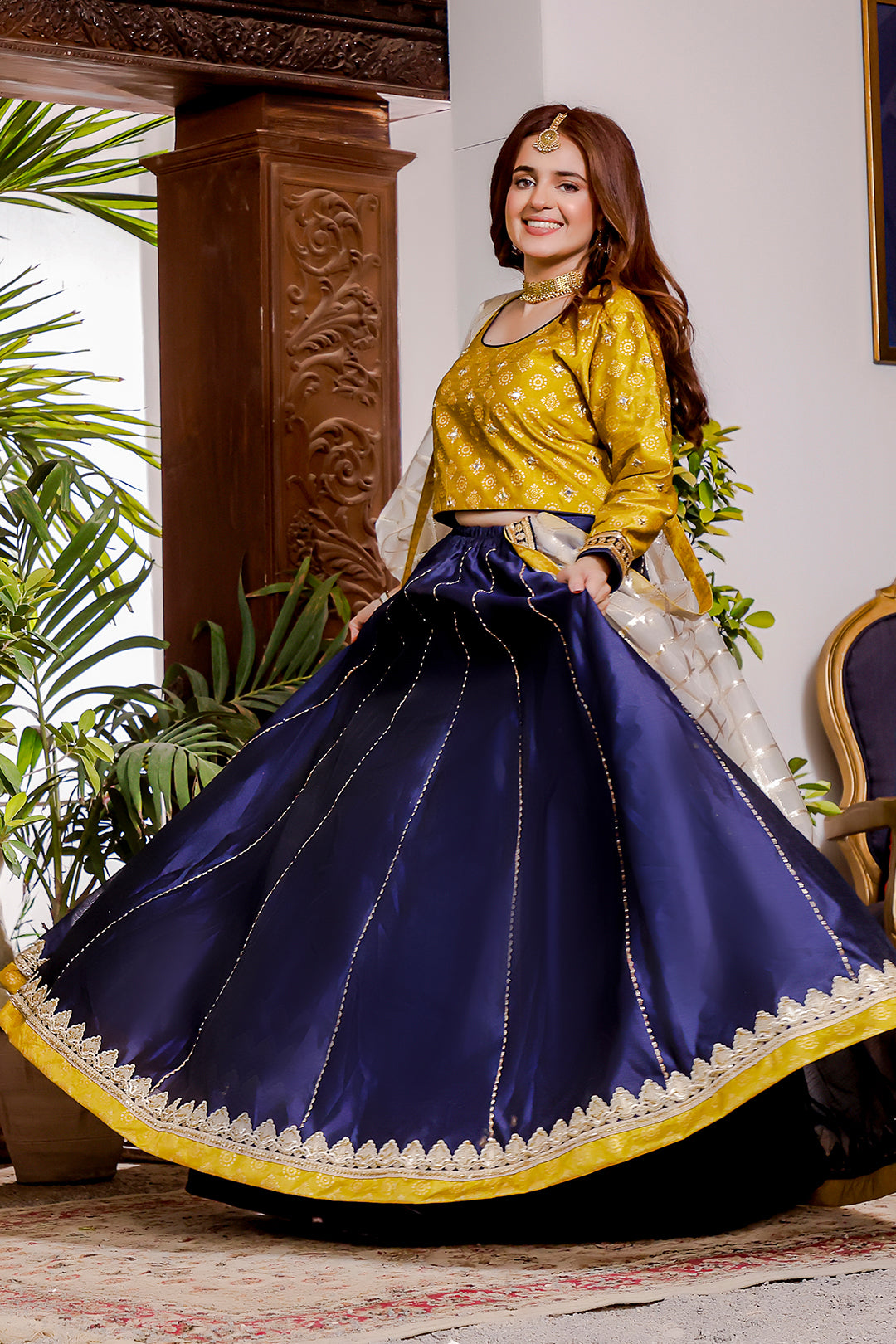 Printed Raw Silk Mirror Work Lehenga Choli | KAIRA | L202044sss