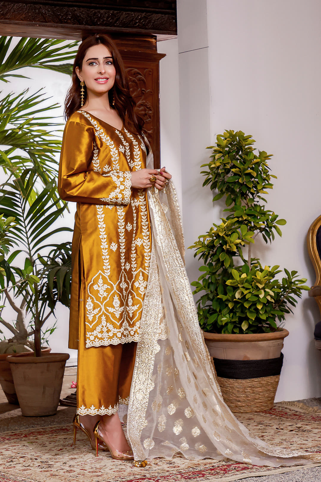 SANA'S red embroidered silk suit Pakistan occasion wear