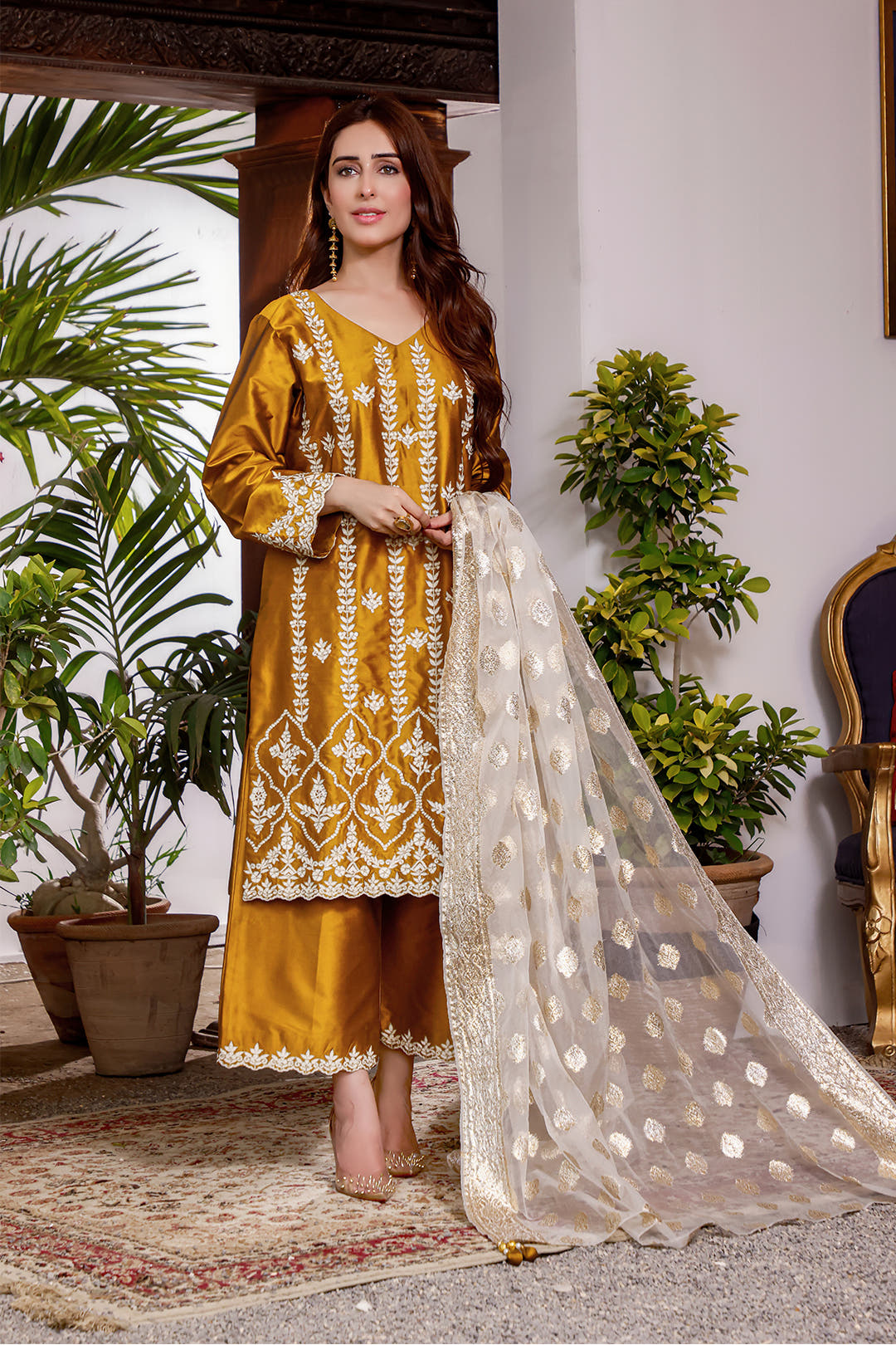 SANA'S red embroidered silk suit Pakistan occasion wear