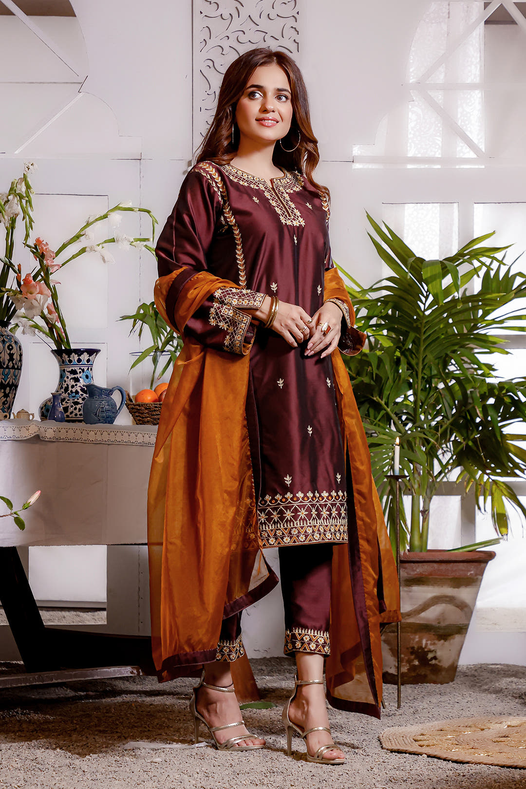 SANA'S red embroidered silk suit Pakistan occasion wear