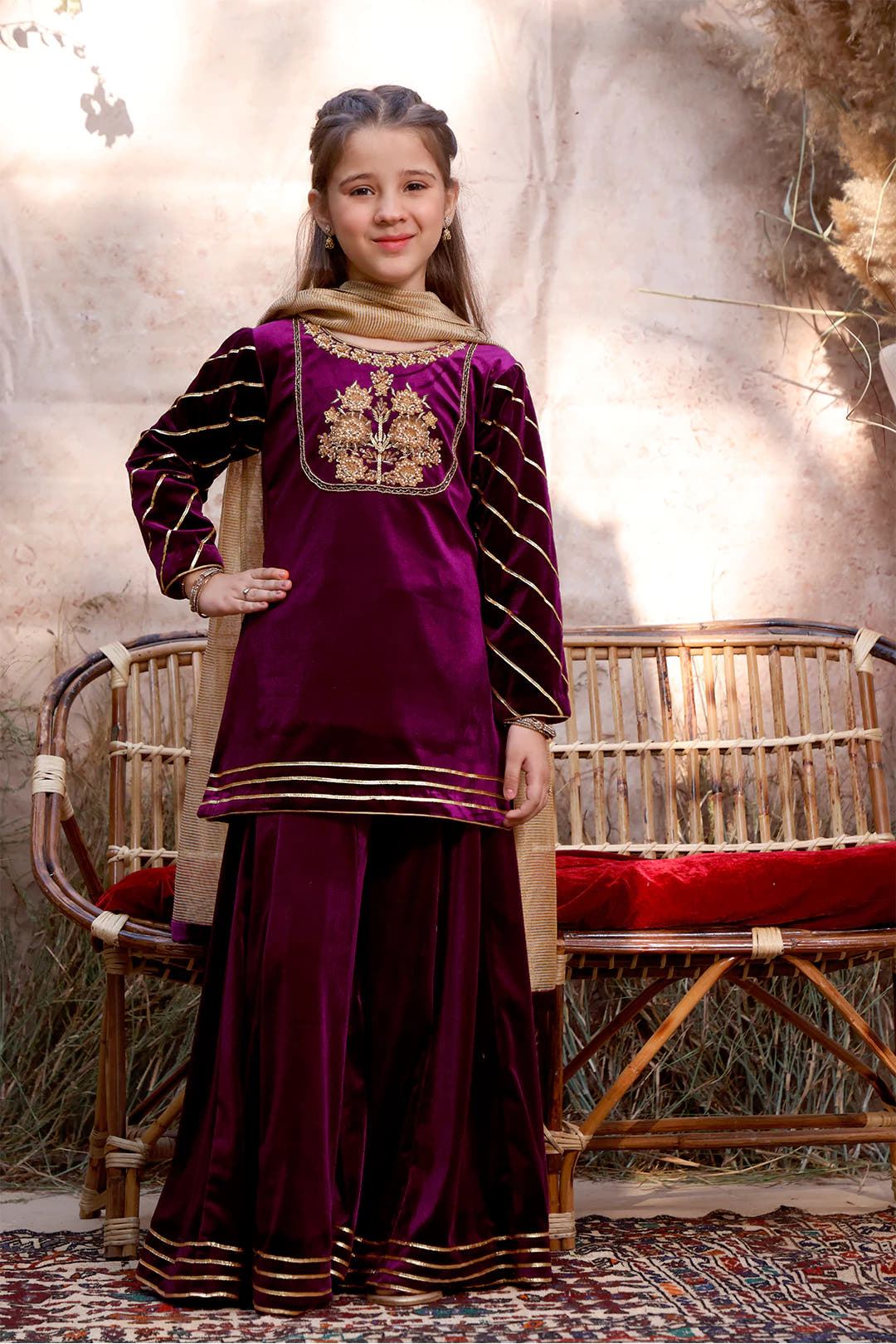 SANA'S red embroidered velvet plazo suit Pakistan occasion wear