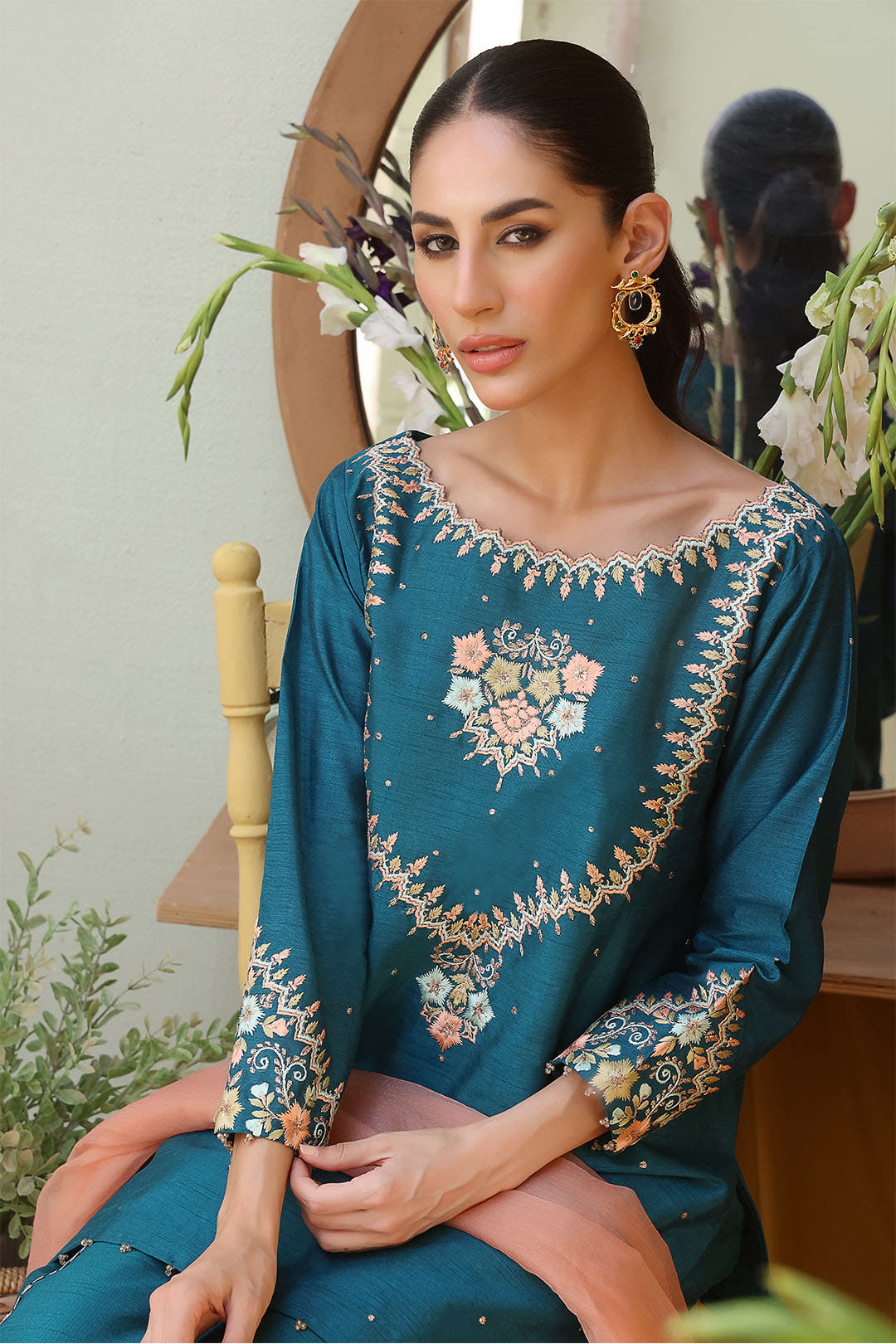 SANA'S red embroidered raw silk suit Pakistan Eid