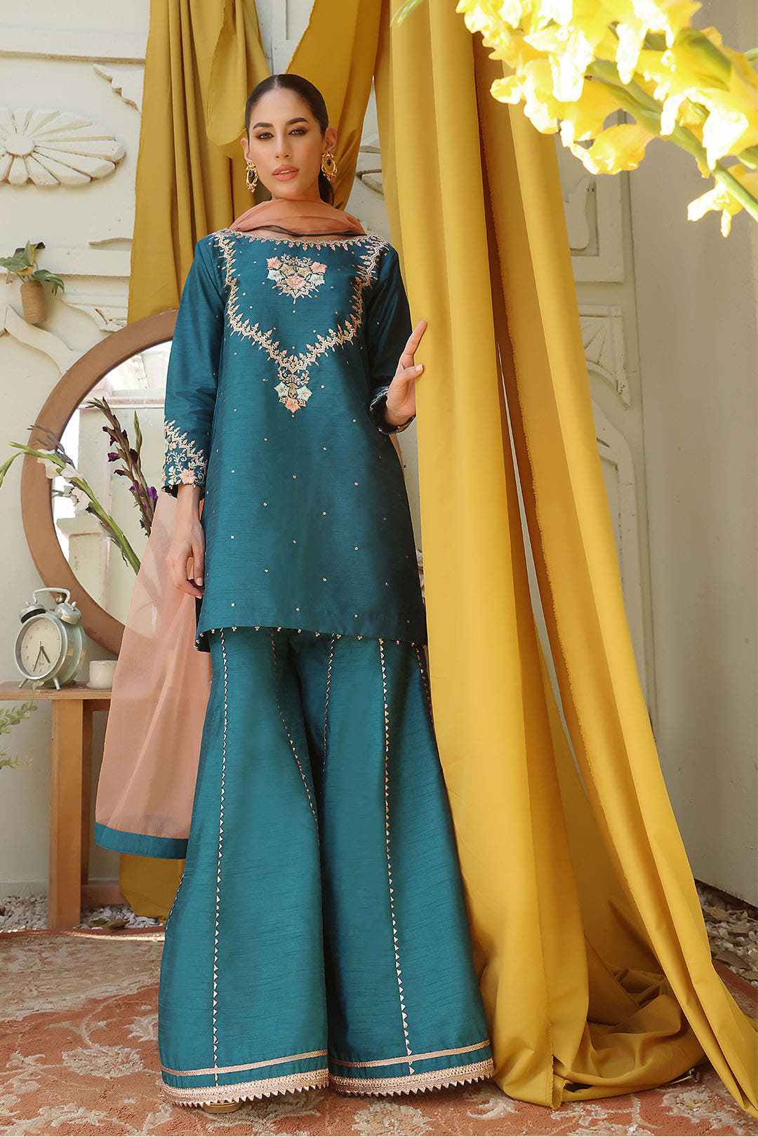 SANA'S red embroidered raw silk suit Pakistan Eid