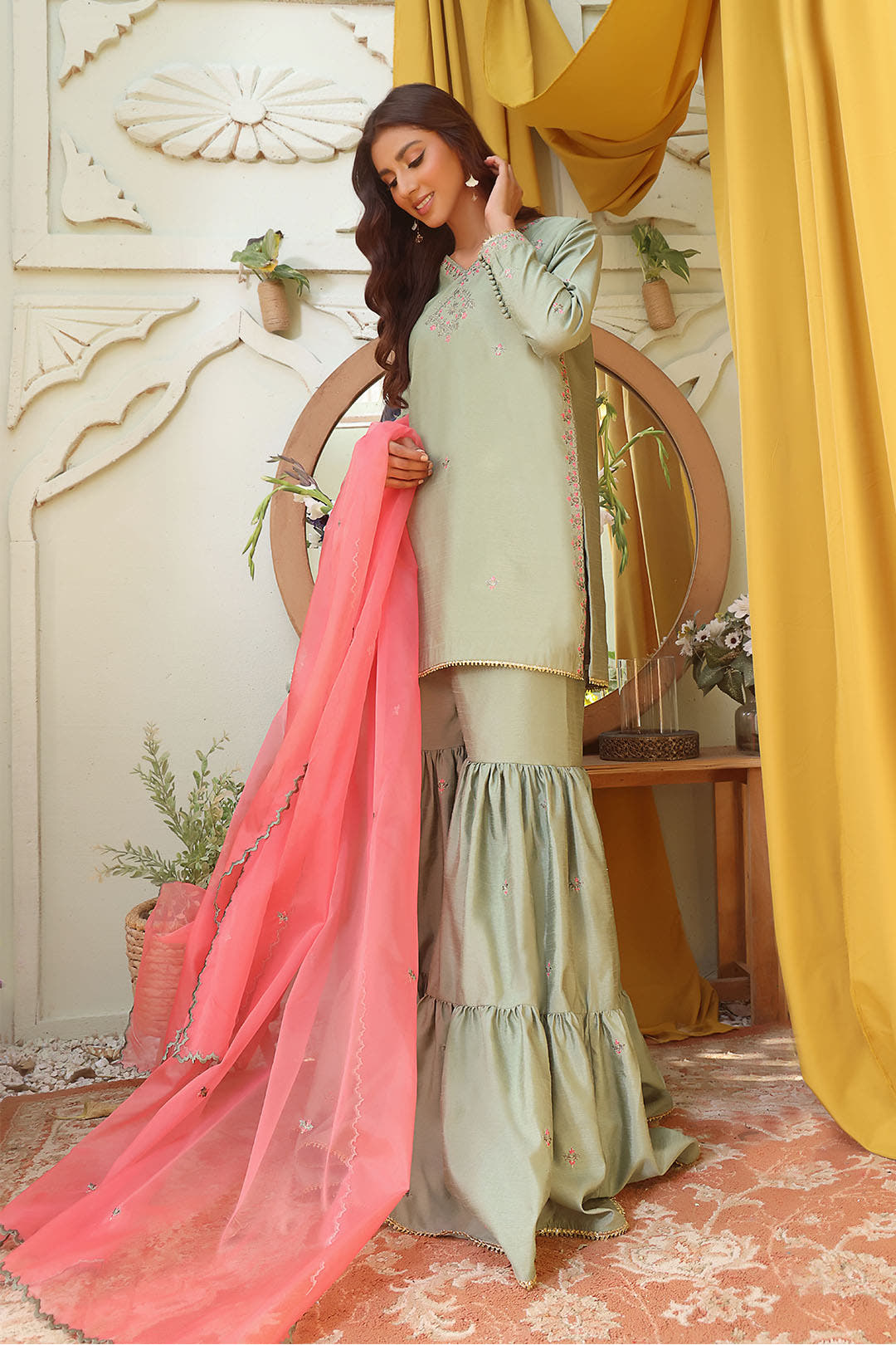 SANA'S red embroidered raw silk gharara suit Pakistan Eid