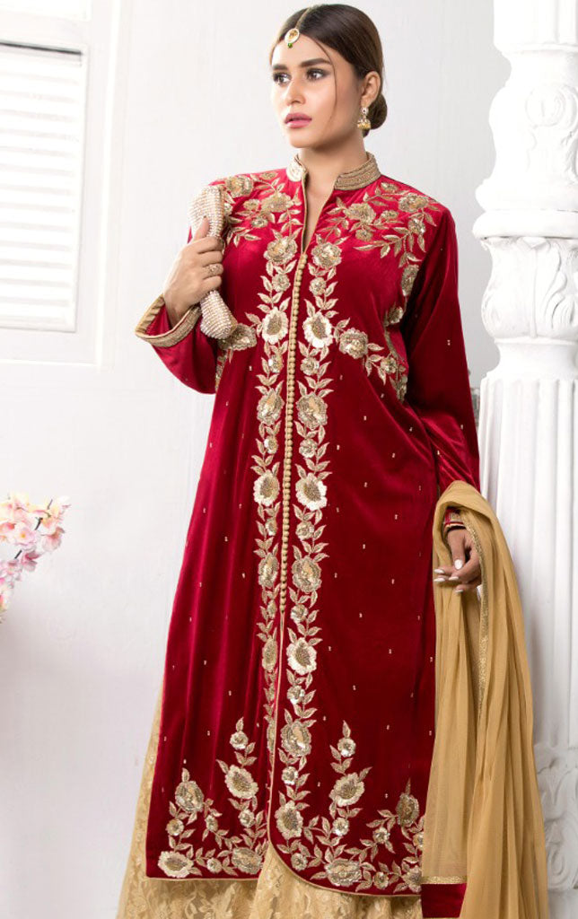 Embroidered Front Open Velvet Lehenga Suit | WWC18 | L735 - SANA'S