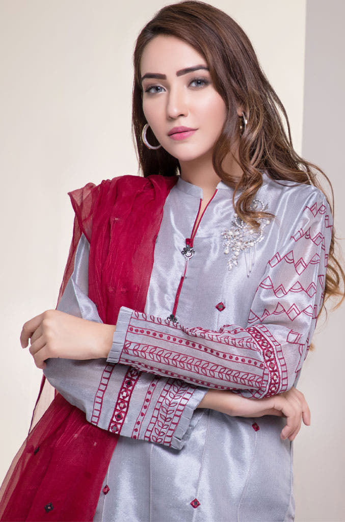 SANA'S red embroidered organza suit Pakistan occasion wear
